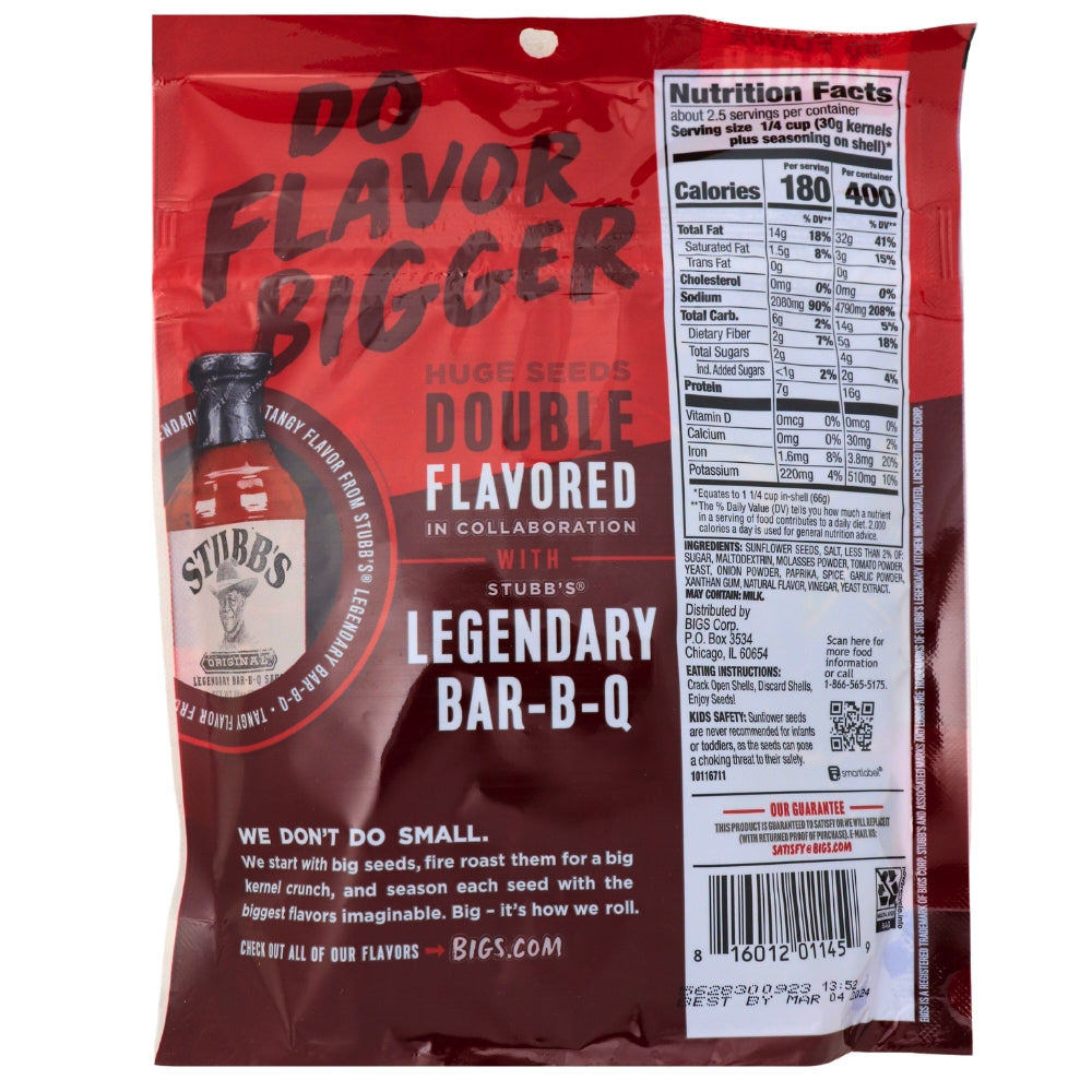 BIGS Stubb's Smokey Bar B Q Sunflower Seeds 5.35oz - Nutrition Facts Ingredients