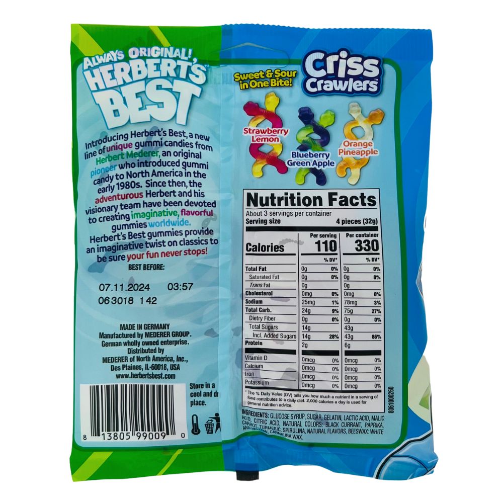 Herbert's Best Criss Crawlers Gummies 3.5oz - 12 Pack Nutrition Facts Ingredients