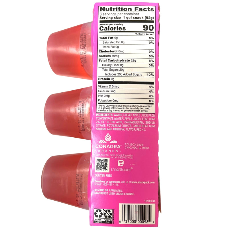 Snack Pack Pink Starburst 552g (6 Cups) - 8 Pack Nutrition Facts Ingredients