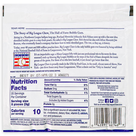 Big League Chew Bubble Gum-Big Rally Blue Raspberry -  Nutrition Facts Ingredients
