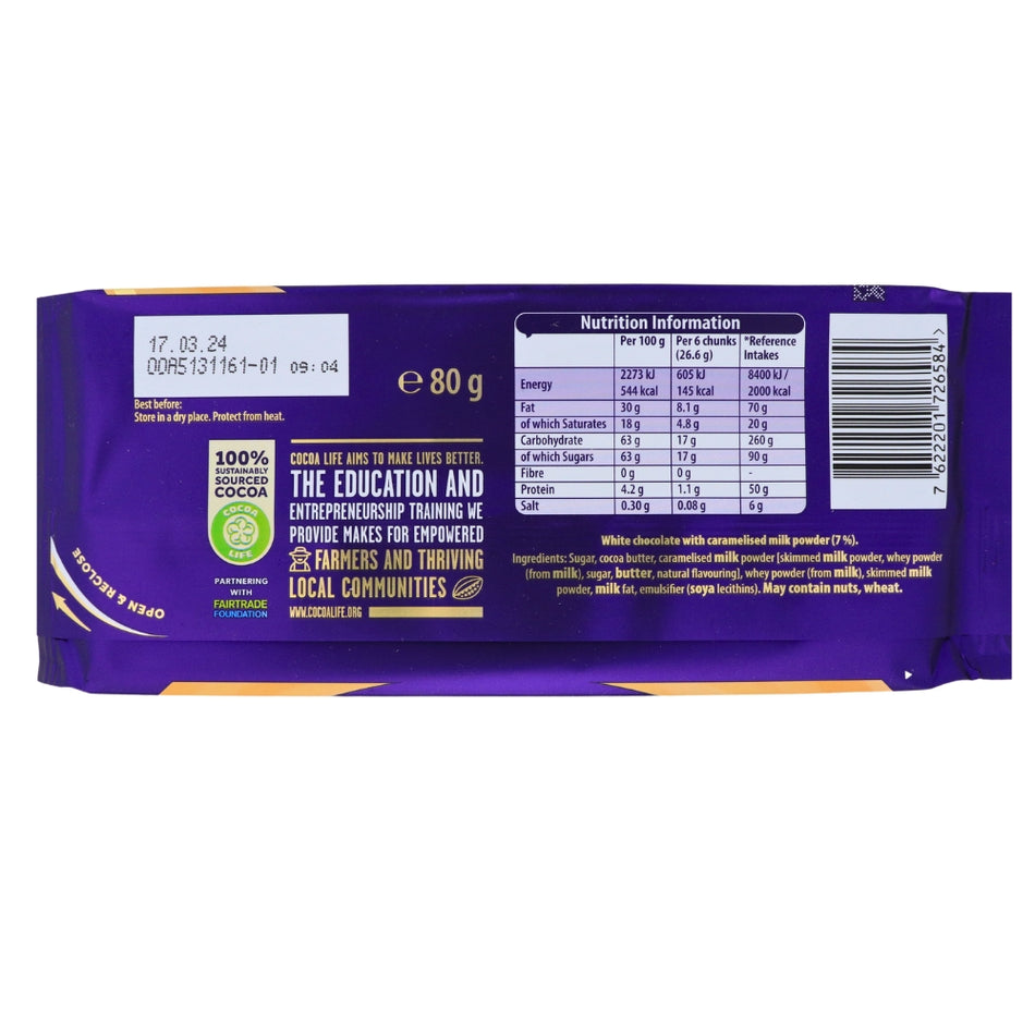 Cadbury Caramilk UK 80g- 26 Pack Nutrition Facts Ingredients