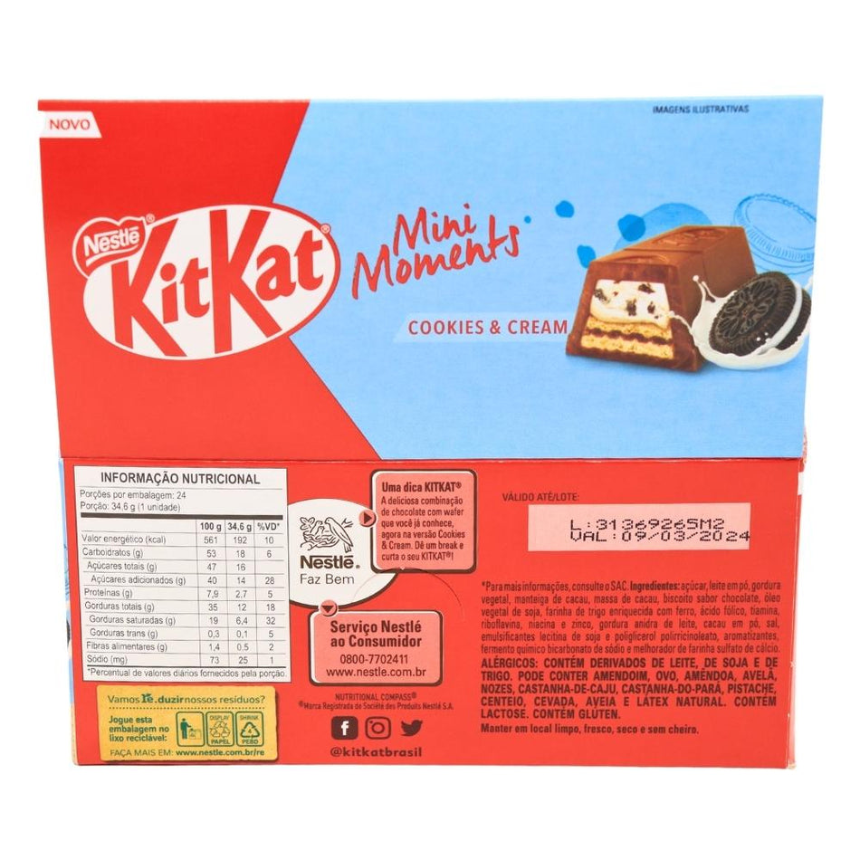 KitKat Mini Moments: Cookies and Cream (Brazil) 39.6g - 24 Pack Nutrition Facts Ingredients