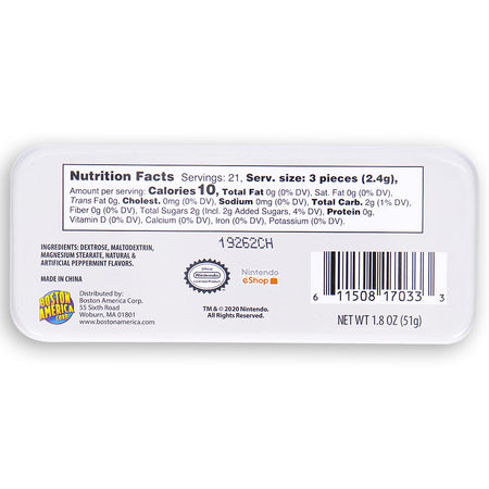 Boston America Nintendo Power Mints - Nutrition Facts Ingredients