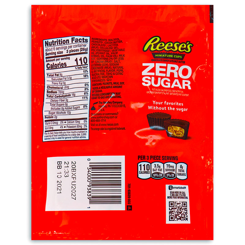 Reese's Zero Sugar Miniature Cups 5.1oz - 8 Pack Nutrition Facts Ingredients