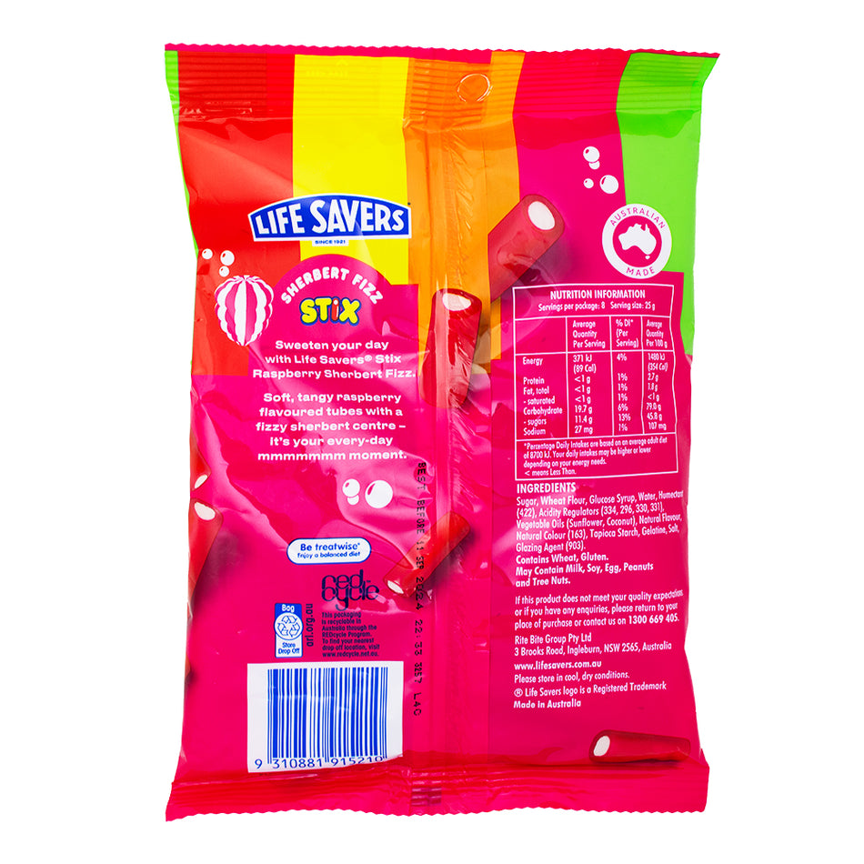 Lifesavers Stix Raspberry Sherbet Fizz (Aus) 200g - Nutrition Facts Ingredients