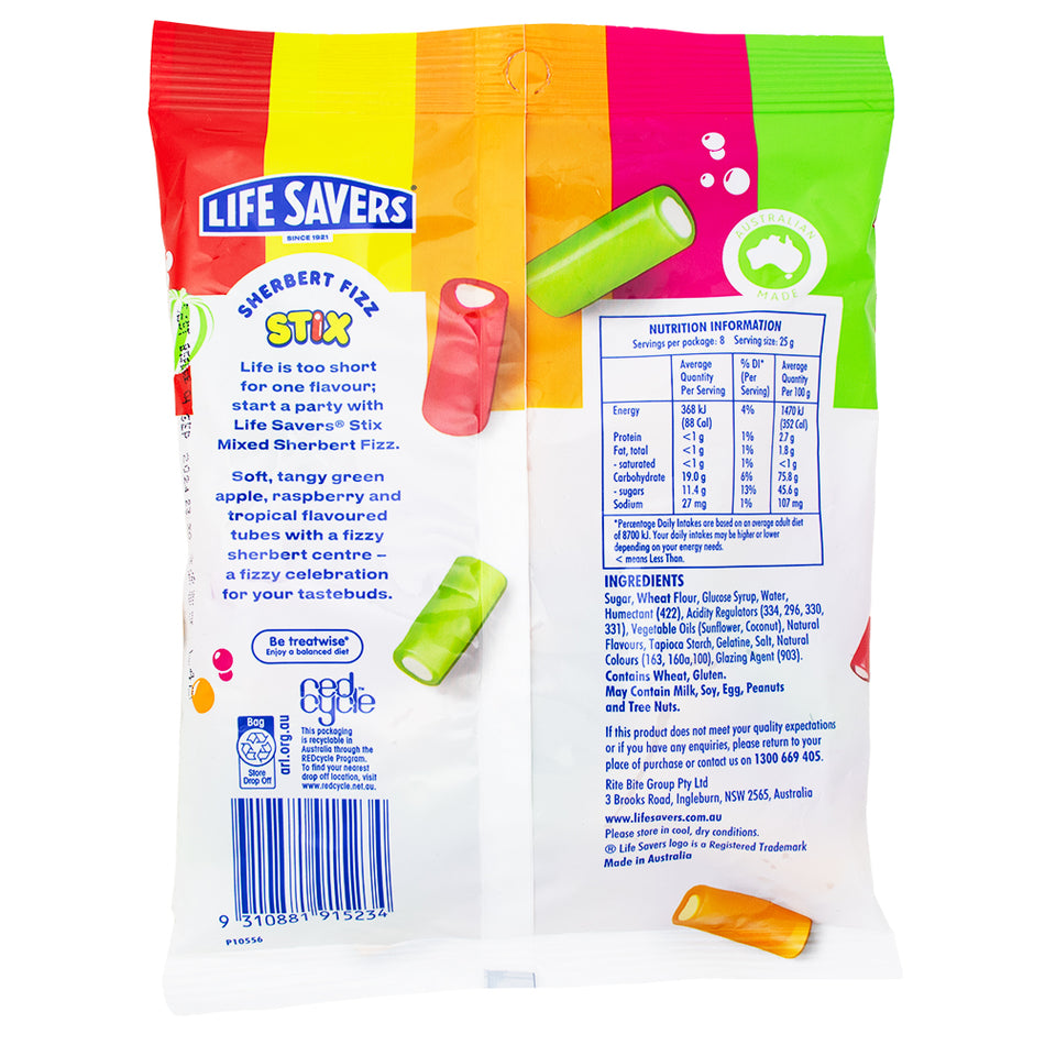 Lifesavers Stix Mixed Sherbert Fizz (Aus) 200g - Nutrition Facts Ingredients