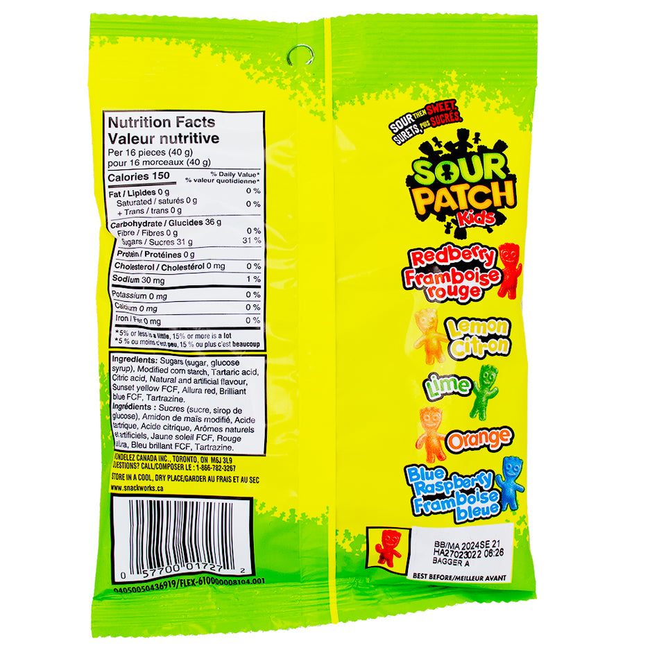Maynards Sour Patch Kids Candy 150g  - 18 Pack Nutrition Facts Ingredients