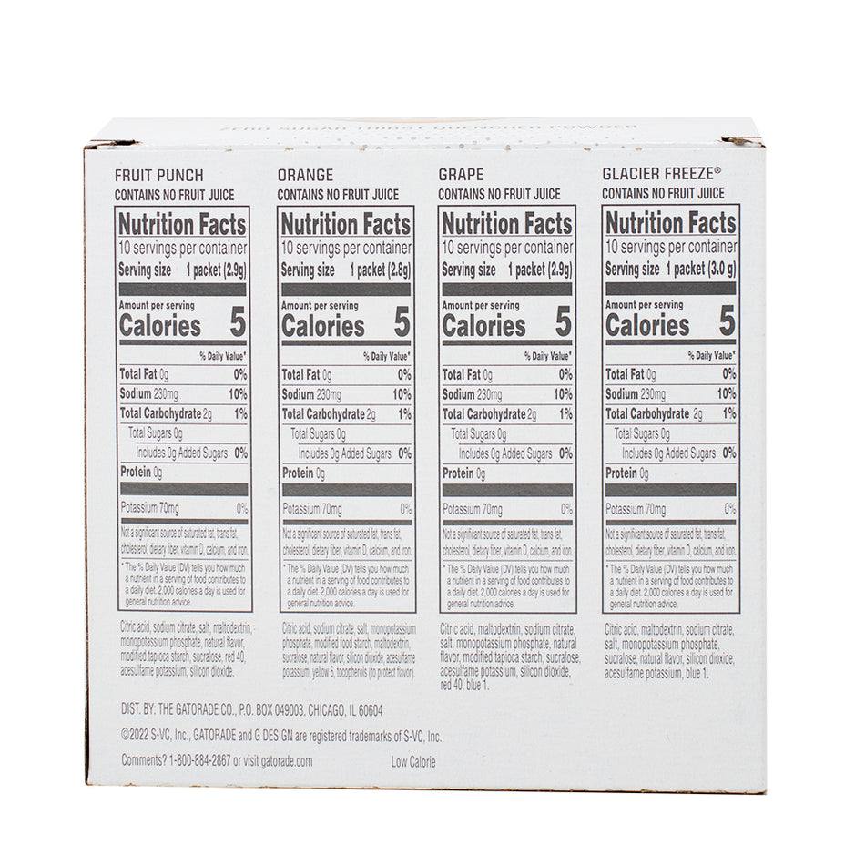 Gatorade Zero Sugar Powder Glacier Freeze 10pk 30g - 4 Pack Nutrition Facts Ingredients