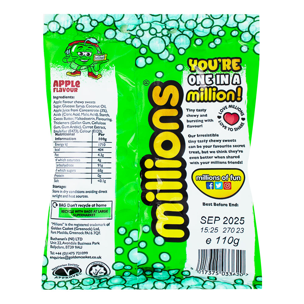 Millions Apple Bag (UK) 110g - 12 Pack   Nutrition Facts Ingredients