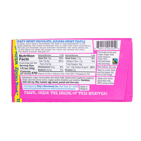 Tony's Chocolonely White Chocolate Raspberry Popping Candy 180g -Nutrition Facts Ingredients