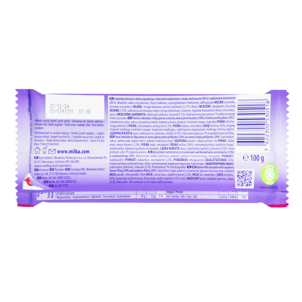 Milka Raspberry Creme Milk Chocolate Bar 100g