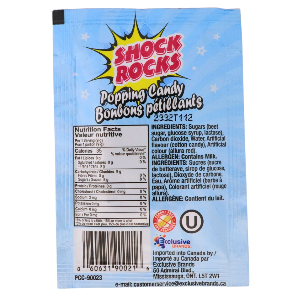 Shock Rocks Popping Candy Cotton Candy - Pack Nutrition Facts Ingredients