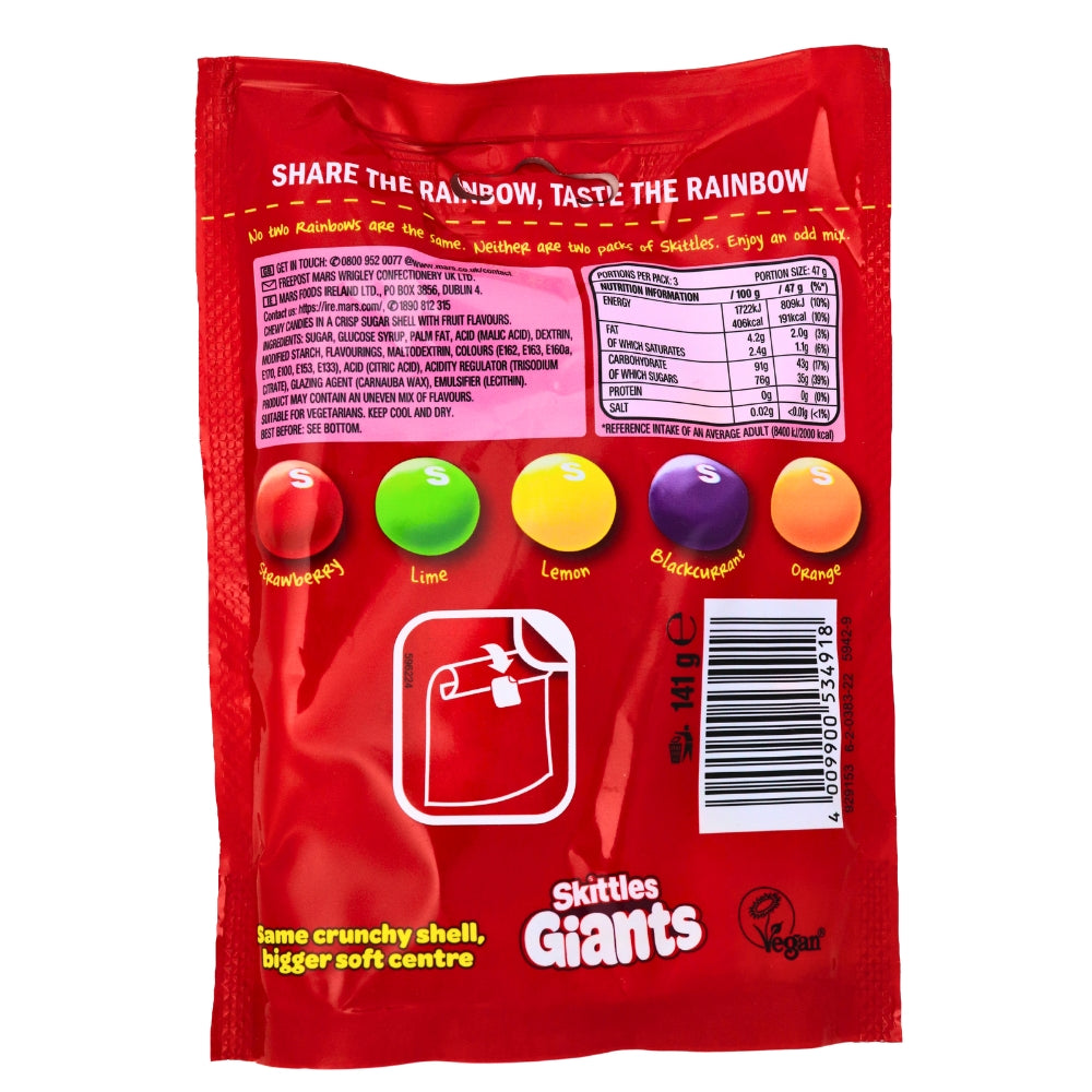 Skittles Fruits Giants 141g (UK) -Nutrition Facts Ingredients
