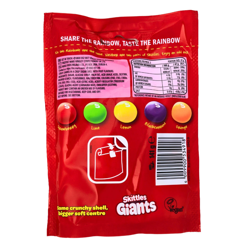 Skittles Fruits Giants 141g (UK) -Nutrition Facts Ingredients