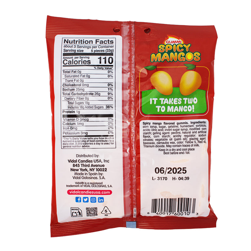 Vidal Filled Spicy Mango 3.5oz - 14 Pack Nutrition Facts Ingredients