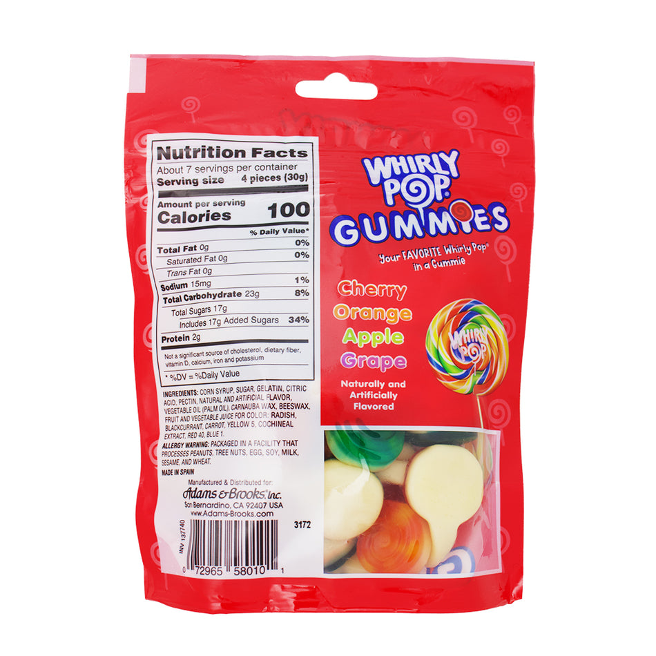 Adams & Brooks Whirly Pop Gummies 7.5oz - 12 Pack Nutrition Facts Ingredients