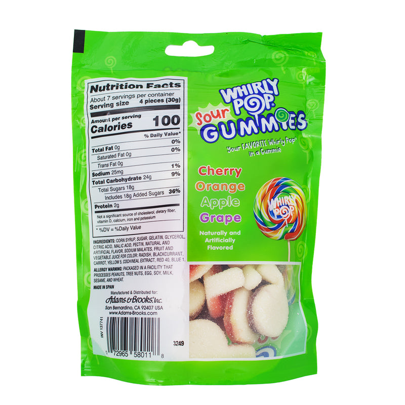 Adams & Brooks Whirly Pop Sour Gummies 7.5oz - 12 Pack Nutrition Facts Ingredients